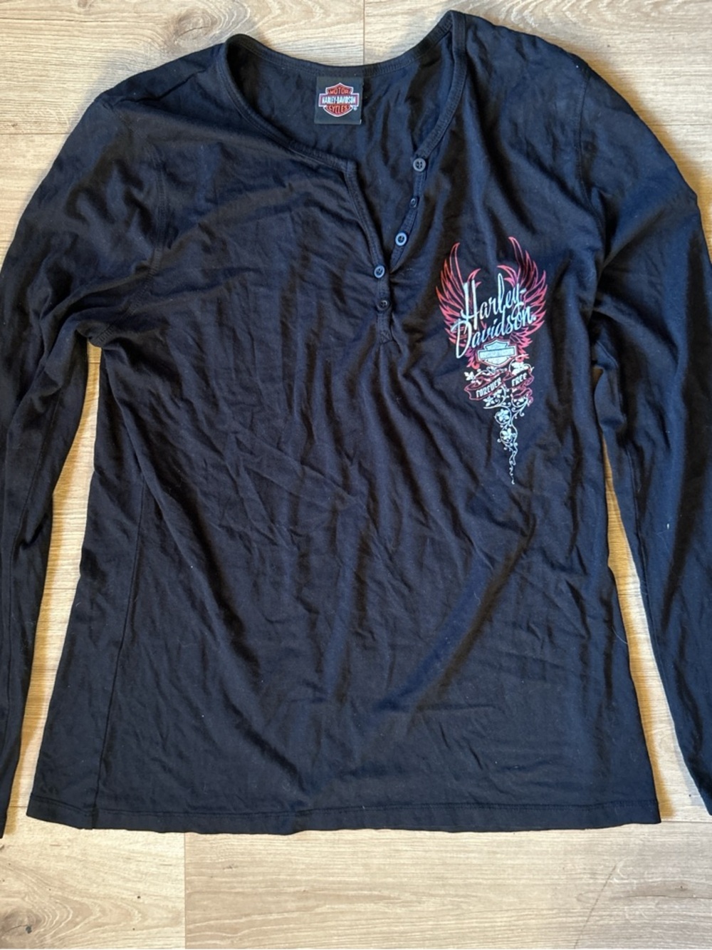Harley-Davidson Black Long-Sleeve Graphic‎ Henley with Red Accents